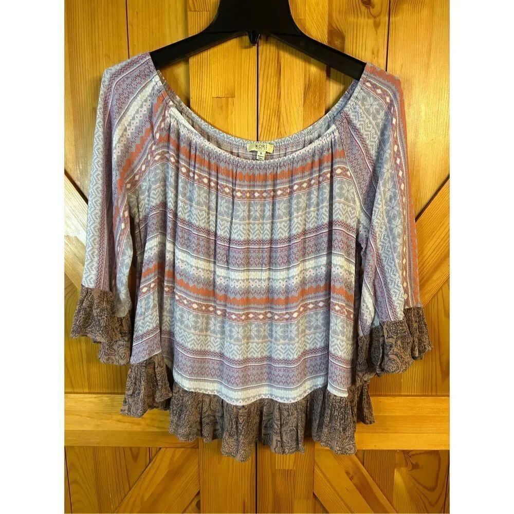Kori Mult Color Boho Ruffle Sleeve Blouse Size Small (8388)
